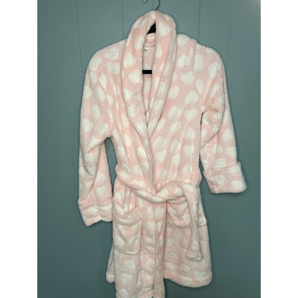 Daydream Berkshire Home Pink White Heart Plush Fleece Robe Shawl Collar S/M